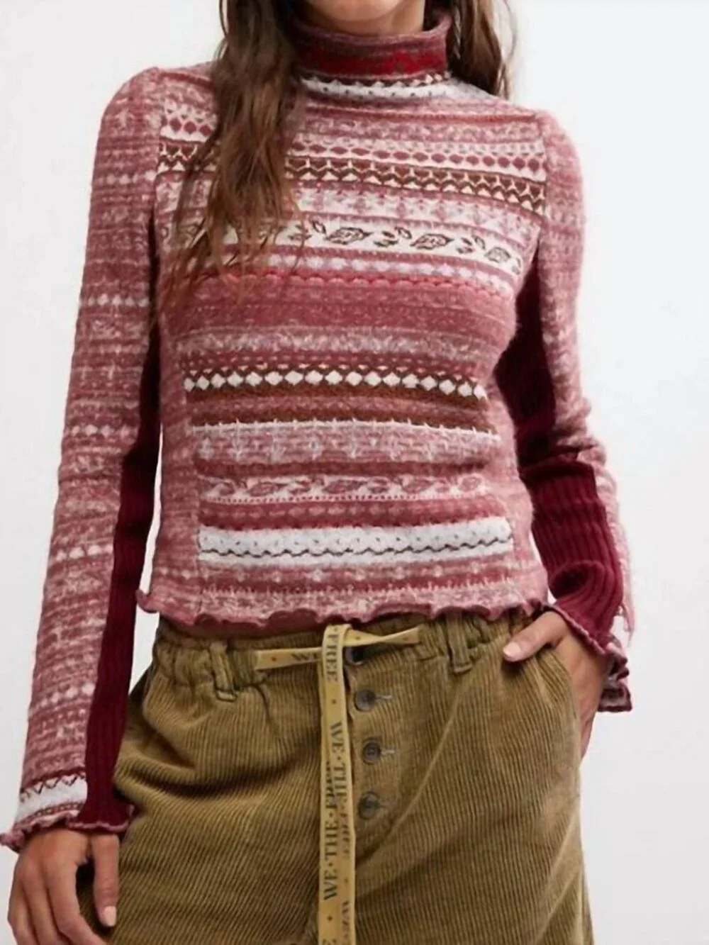Free People Bali Juniper Rhubarb Combo Turtle Neck Sweater Women's Medium NWT